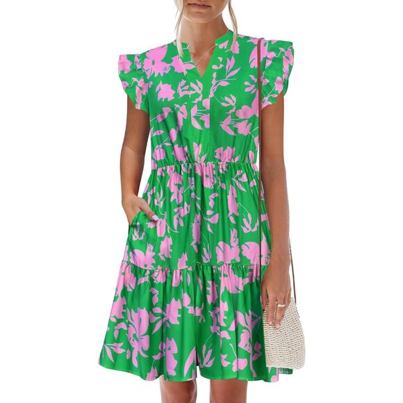 Women Summer Floral Ruffle Sleeve Tiered Mini Dress with Pockets - Picture 2 of 5